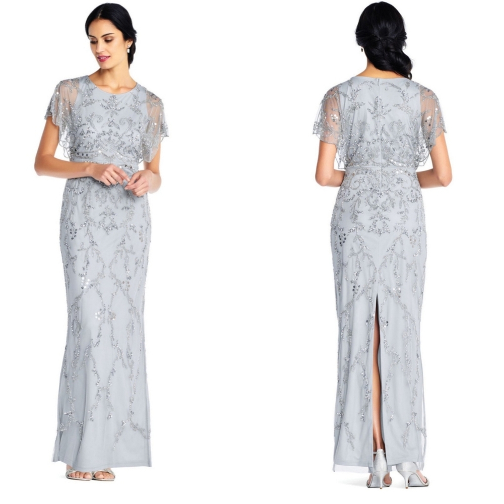 Adrianna Papell Beaded Long Dress Edged Sleeve, B